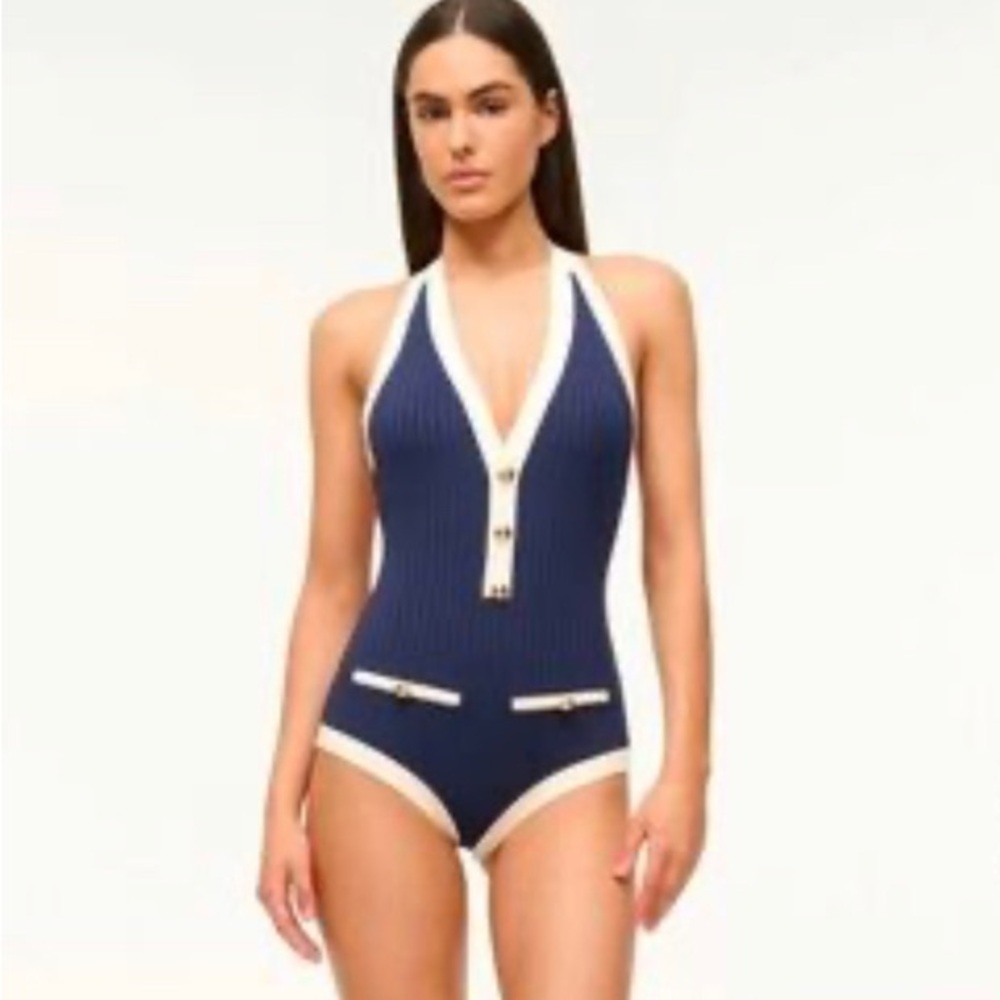 Staud Halter Swimsuit with Cream Trim New